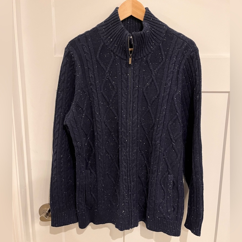 Lands' End Navy Donegal Full zip Cable with pockets